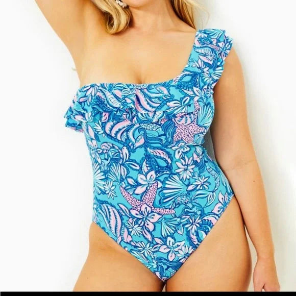 Lilly Pulitzer Caelum Ruffle One-Piece Swimsuit in Amalfi Blue Sound The Sirens